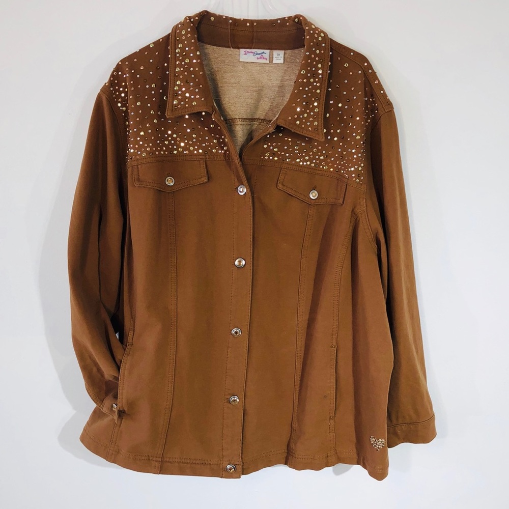 3X Denim Style Sequined Jacket Carmel Brown Knit